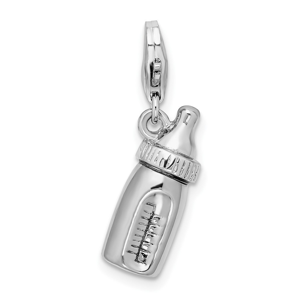 925 Sterling Silver Polished 3-D Baby Bottle Bracelet Charm Lobster Clasp